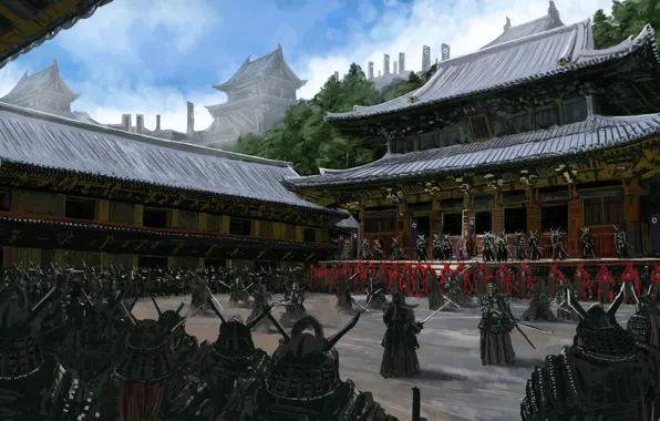 Обои оружие, азия, арт, воин, люди, армия, двор, храм, тренировка, броня, самурай