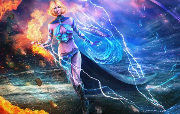 Обои elementalist, шторм, магия, арт, Guild Wars 2, вода, девушка, огонь