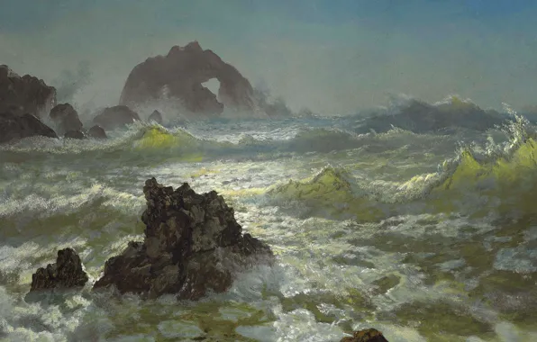 Обои картина, шторм, Альберт Бирштадт, Сил Рокс. Калифорния, скалы, морской пейзаж