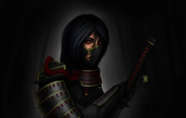 Обои темный фон, арт, девушка, катана, броня, меч, самурай, повязка, рукоядка