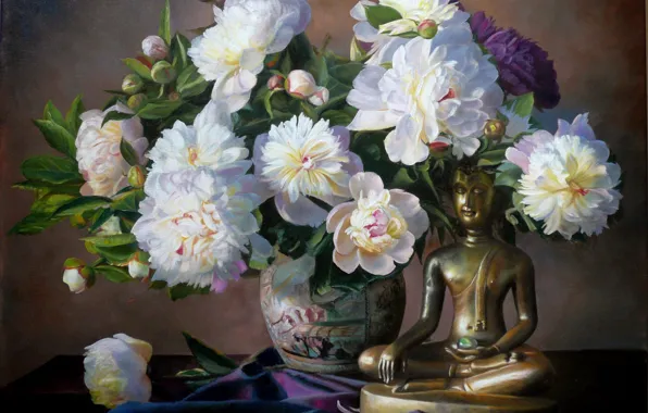 Обои ваза, цветы, картина, букет, Zbigniew Kopania, будда, натюрморт, лепестки, пионы, статуэтка