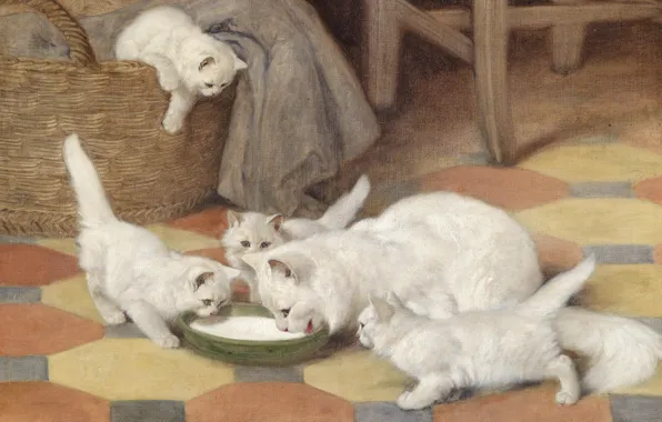 Обои кошка, картина, арт, котята, Mother and Kittens Drinking Milk, Arthur Heyer, семья, пушистая, белая