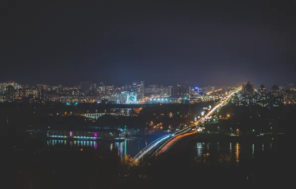Обои мост, ночной, Украина, город, огни, Днепр, метро, киев