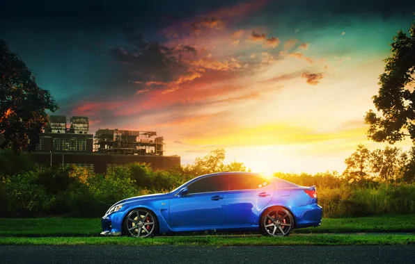 Обои blue, profile, Lexus, sun, IS F, завод, блик