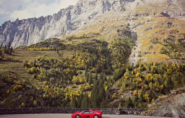 Обои скалы, горы, дорога, небо, Ferrari, облака
