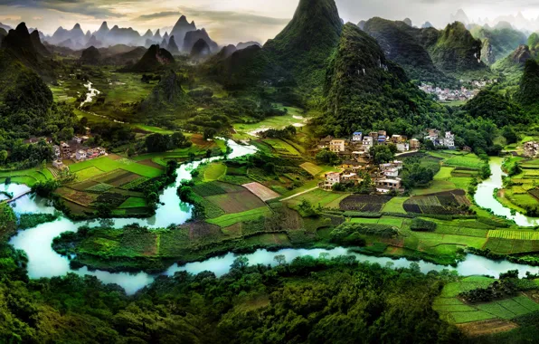 Обои природа, город, китай, азия, деревня, панорама, asia, china, guilin, гуйлинь