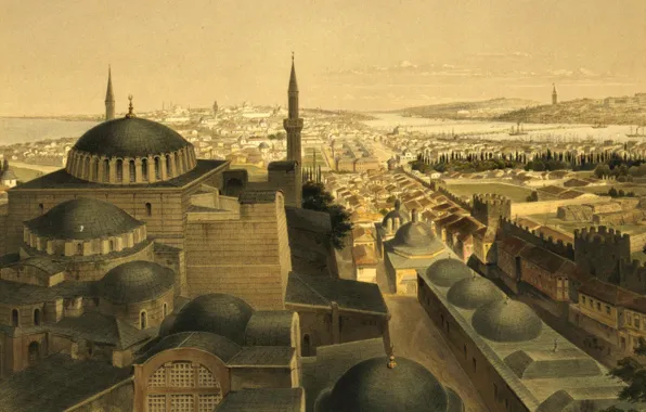 Обои картина, минарет, мечеть, панорама, город, Собор Святой Софии, Стамбул, Турция, Айия-Софья