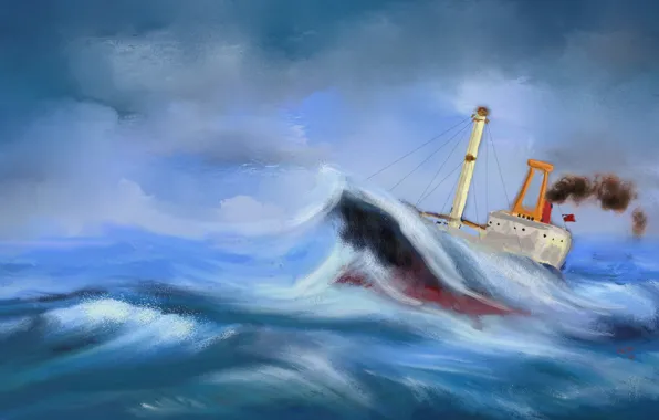 Обои картина, волны, шторм, морской пейзаж, корабль