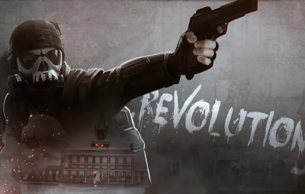Обои пистолет, солдат, противогаз, шлем, мужчина, революция, Homefront: The Revolution