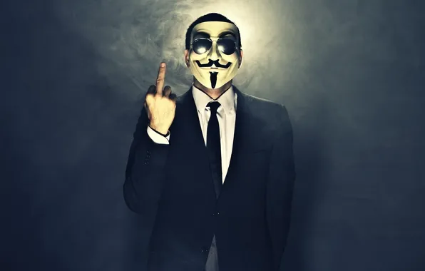 Обои дым, маска, очки, мужчина, жест, anonymous, косюм