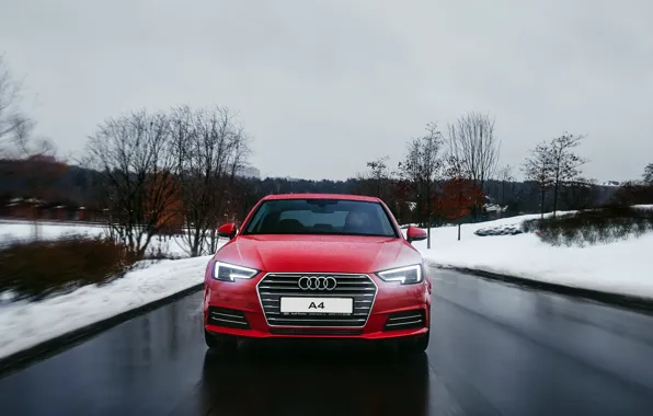 Обои снег, зима, дорога, красная, ауди, Audi