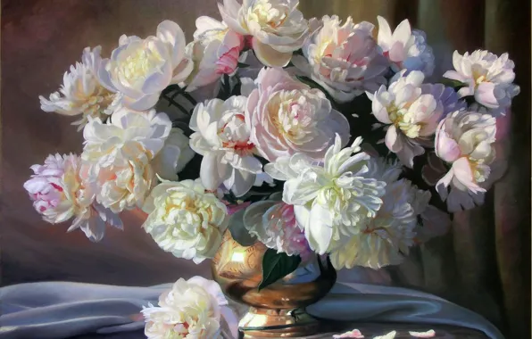 Обои ваза, цветы, картина, букет, Zbigniew Kopania, белые, натюрморт, лепестки, пионы, ткань