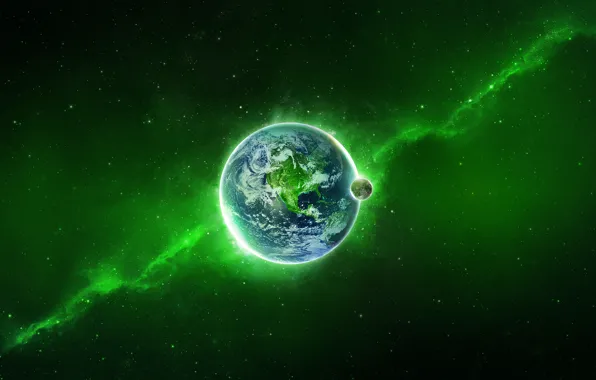 Обои Земля, Зелёный, Планета, Космос, Млечный Путь, Свечение, Звёзды