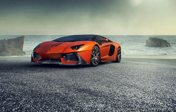 Обои Lamborghini, Orange, Front, Vorsteiner, Sea, Supercar, Zaragoza, Aventador-V, LP740-4