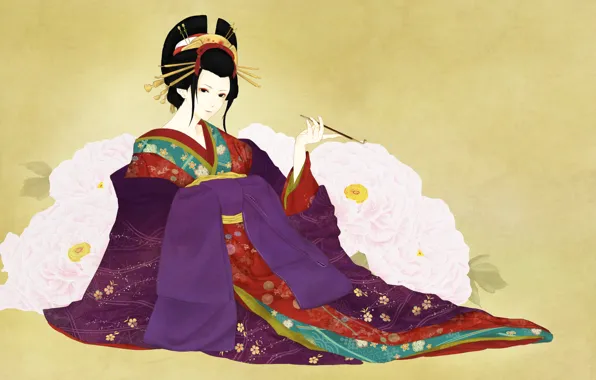 Обои цветы, арт, фон, гейша, кимоно, мундштук, девушка, пионы