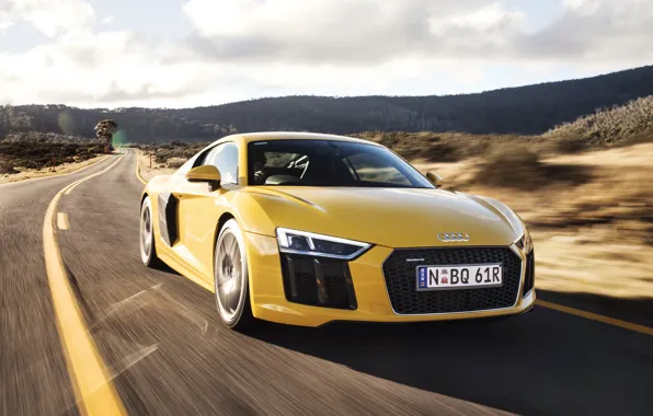 Обои V10, yellow, speed, car, машина, ауди, road, Audi