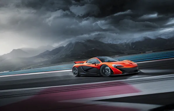 Обои Skid, McLaren, Track, Clouds, Supercar, Drifting, Orange