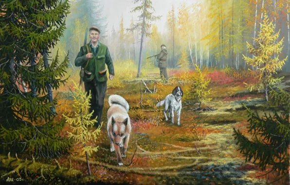 Обои собака, охотник, Андрей Лях, тайга, арт, природа