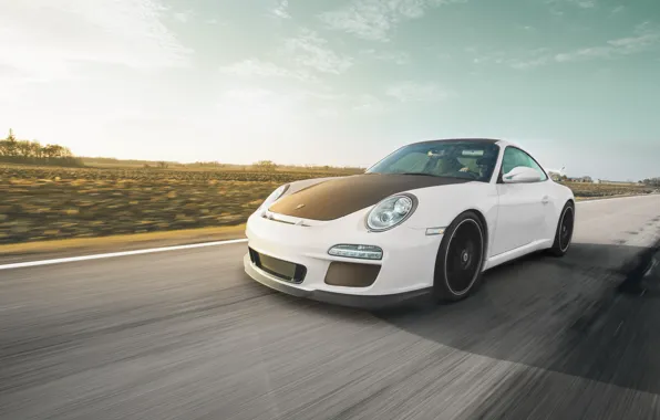 Обои GT3, дорога, белый, white, порше, 911, Porsche, в движение, спорткар