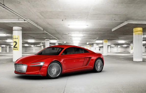 Обои красный, концепт-кар, гараж, Audi, Е-tron