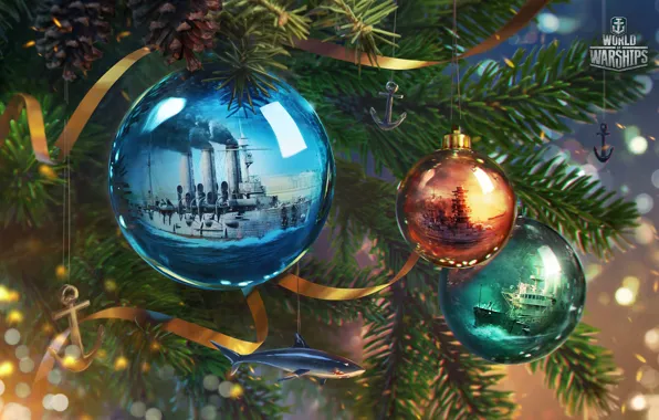 Обои шарики, worldofwarships, корабль, Wargaming, праздники, Новый год, New year