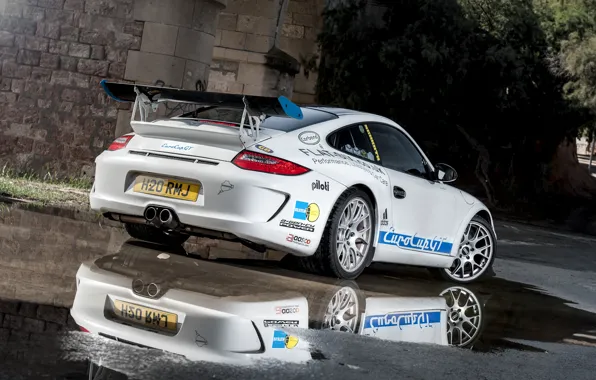 Обои отражение, white, EurocupGT, порше, 3.8, Carrera S, 997, Porsche, спорткар