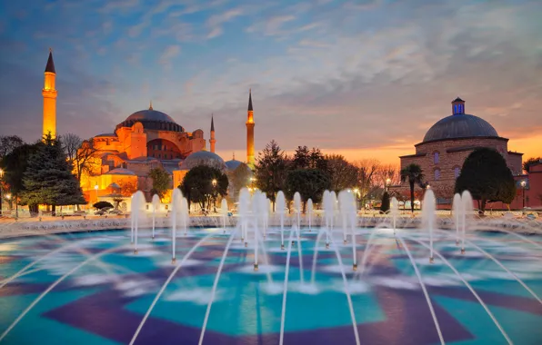Обои вечер, Стамбул, минарет, Турция, Аця-София, собор Святой Софии, фонтан