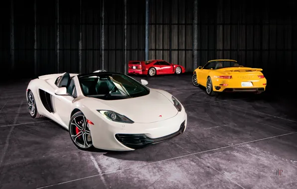 Обои Ferrari F40, McLaren, Spider, MP4-12C, Porsche 991, Turbo S, Cabriolet