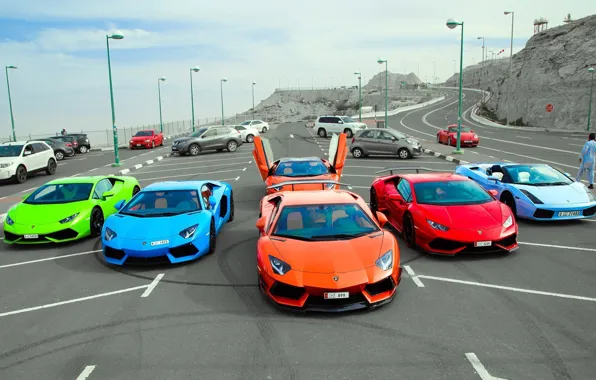 Обои суперкары, Lamborghini, парковка, Aventador, Huracan, Gallardo