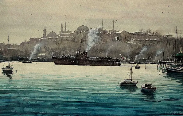 Обои картина, корабль, лодка, Максимилиан Дамико, Босфор, пролив, Стамбул, городской пейзаж, акварель