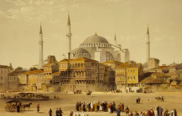 Обои картина, минарет, мечеть, город, Собор Святой Софии, Стамбул, Турция, Айия-Софья