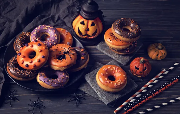 Обои pumpkin, donuts, пончики, sweet, тыква, Halloween, Хэллоуин, глазурь, сладкое, выпечка, baking, паук, Holidays