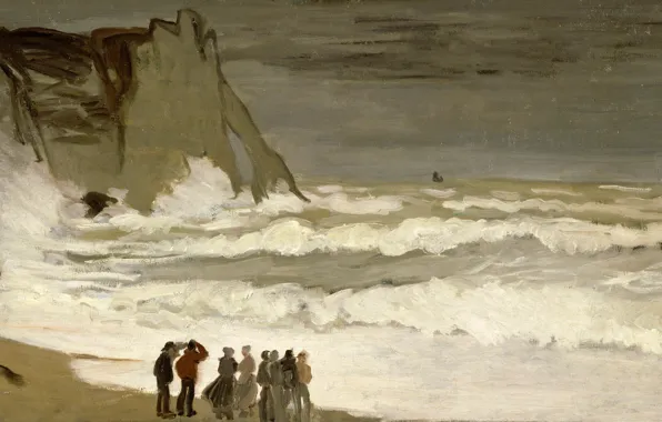 Обои Клод Моне, картина, Бурное Море в Этрета, шторм, морской пейзаж, берег, люди