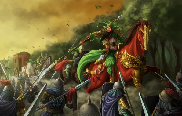 Обои повозка, оружие, конь, азия, арт, воин, всадник, битва, самурай, нападение, копье, лошадь, лес