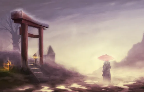 Обои туман, зонт, кимоно, врата, дерево, jin, самурай, мужчина, samurai champloo, фонари, пейзаж