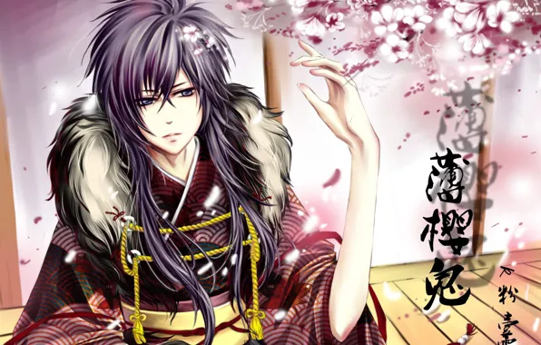 Обои цветы, Saitou Hajime, парень, Hakuouki, самурай, сакура, демоны бледной сакуры, сайто, иероглифы