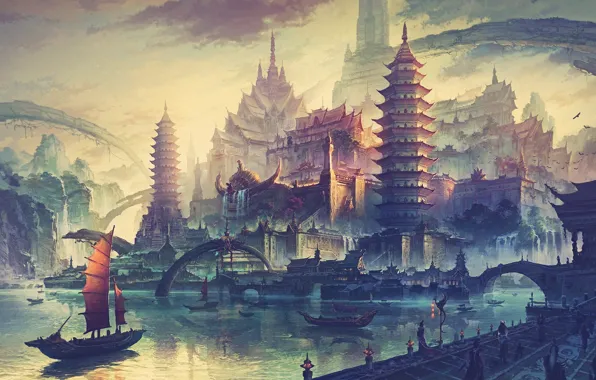 Обои закат, мост, город, река, рассвет, азия, корабль, дома, утро, набережная, концепт-арт, художник Минг Фан, Ming ...
