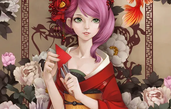 Обои цветы, ножницы, арт, бумага, рыбка, кимоно, пионы, девушка, рыба, золотая, dong xiao