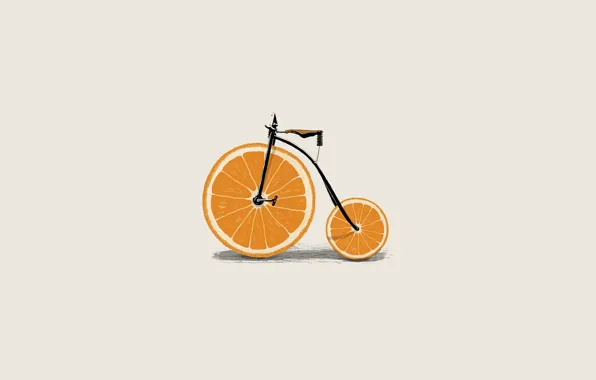 Обои минимализм, велосипед, иллюстрация, вектор, велик, дольки, апельсин, колеса