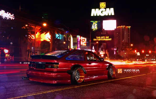 Обои Red, AE86, Corolla, Nigth, Toyota, Stance, by Hugo Silva, Rear, Las Vegas, Wheels