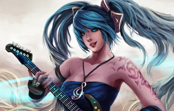 Обои девушка, арт, гитара, sona, Maven of the Strings, League of Legends, синие волосы