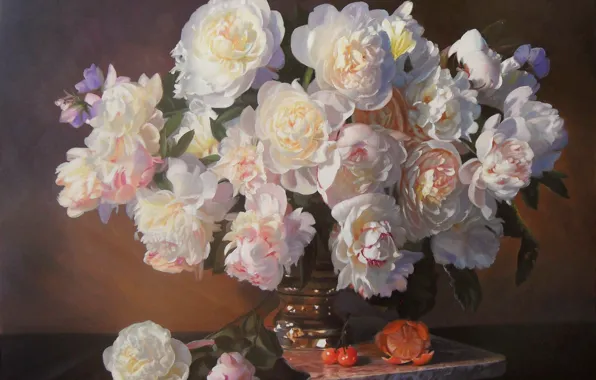 Обои ваза, цветы, картина, букет, черешня, Zbigniew Kopania, натюрморт, пионы, фрукты, апельсин