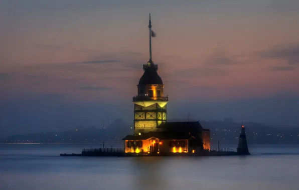 Обои пролив, Босфор, маяк, Турция, Стамбул, огни