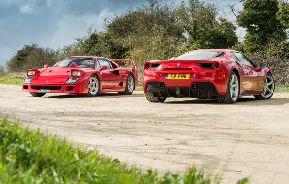 Обои Ferrari, Феррари, дорога, F40, фон, GTB, 488