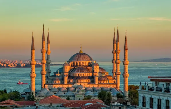 Обои закат, пейзаж, дворец, Турция, Стамбул, храм, пролив, башни, Султанахмет, Голубая мечеть