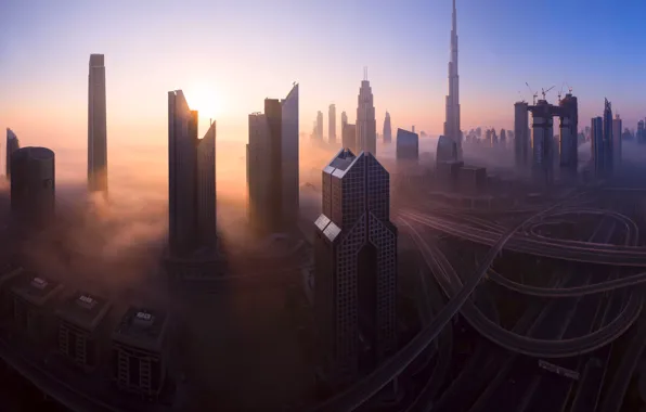 Обои Дубай, город, ОАЭ, утро, туман