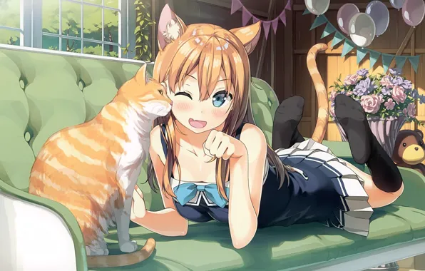 Обои кот, аниме, рыжий, арт, kantoku, девочка