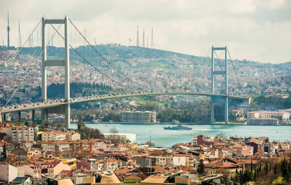Обои транспорт, река, Турция, Стамбул, лодки, берега, движение, дома, мост, корабль