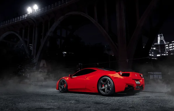 Обои Ferrari, красная, ночь, свет, мост, огни