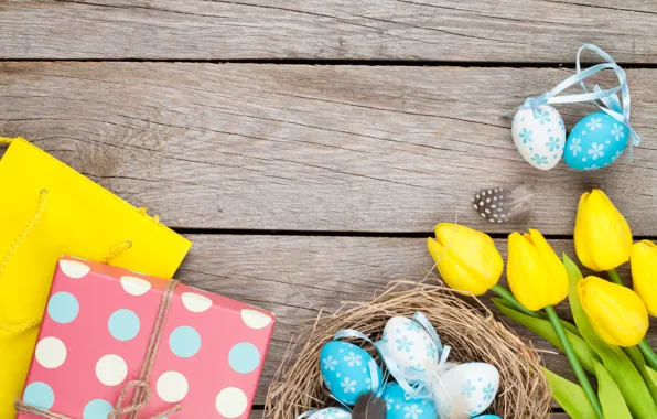 Обои decoration, wood, Easter, Пасха, тюльпаны, tulips, tender, yellow, Happy, spring, eggs